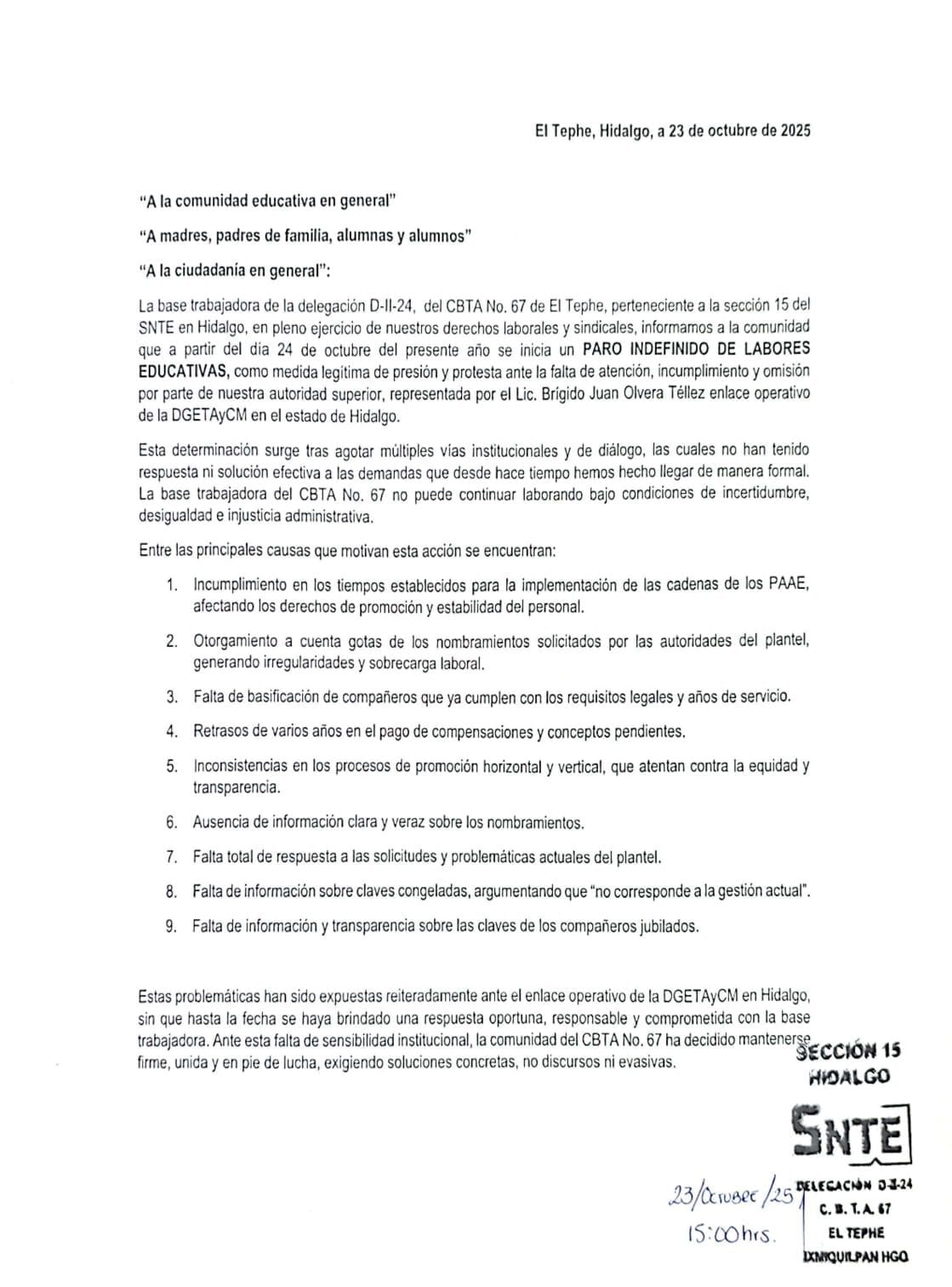 Inicia paro indefinido de labores en CBTA No. 67 de El Tephe