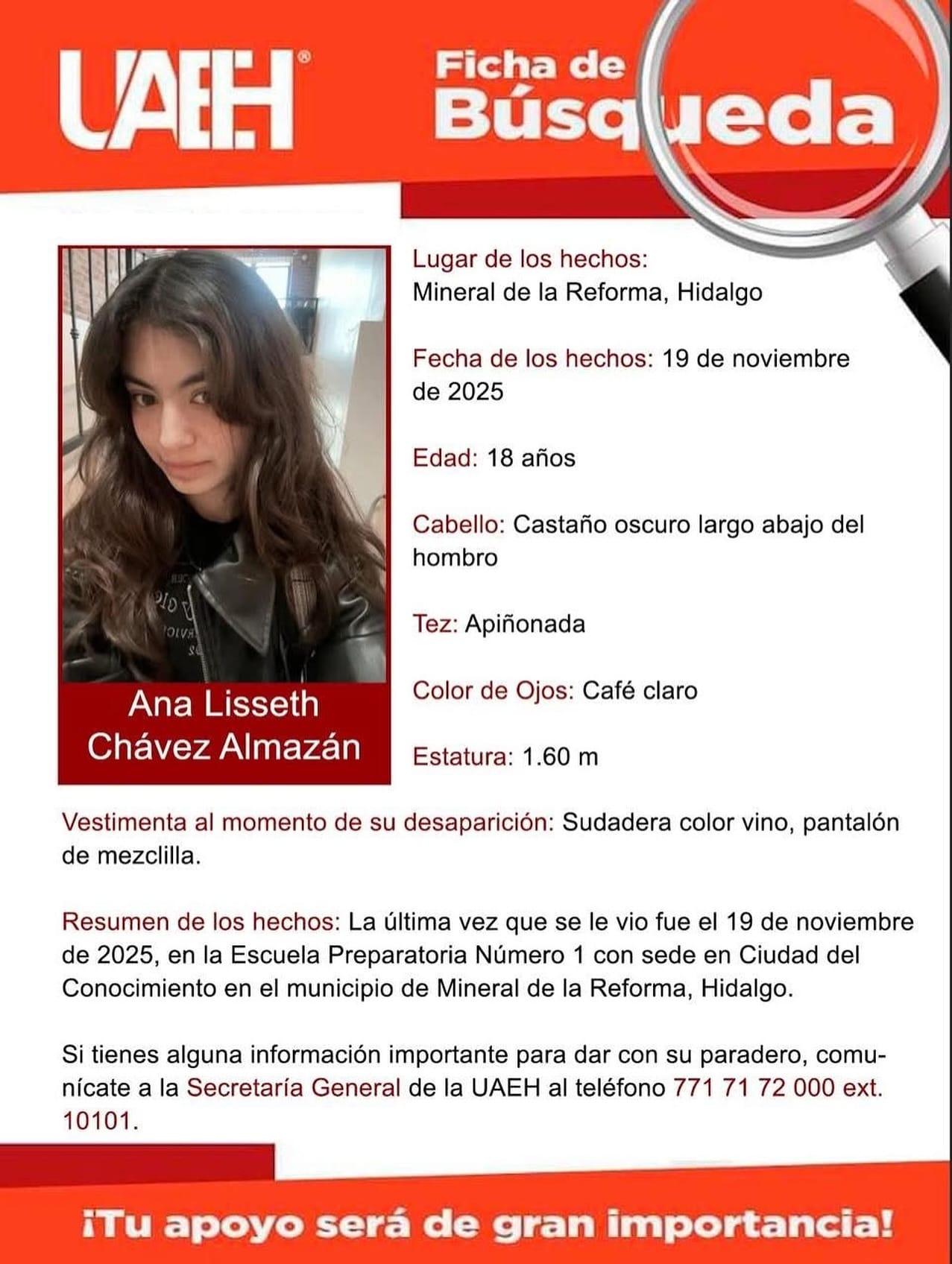 UAEH emite ficha de búsqueda por la desaparición de una estudiante en la Ciudad del Conocimiento imagen destacada